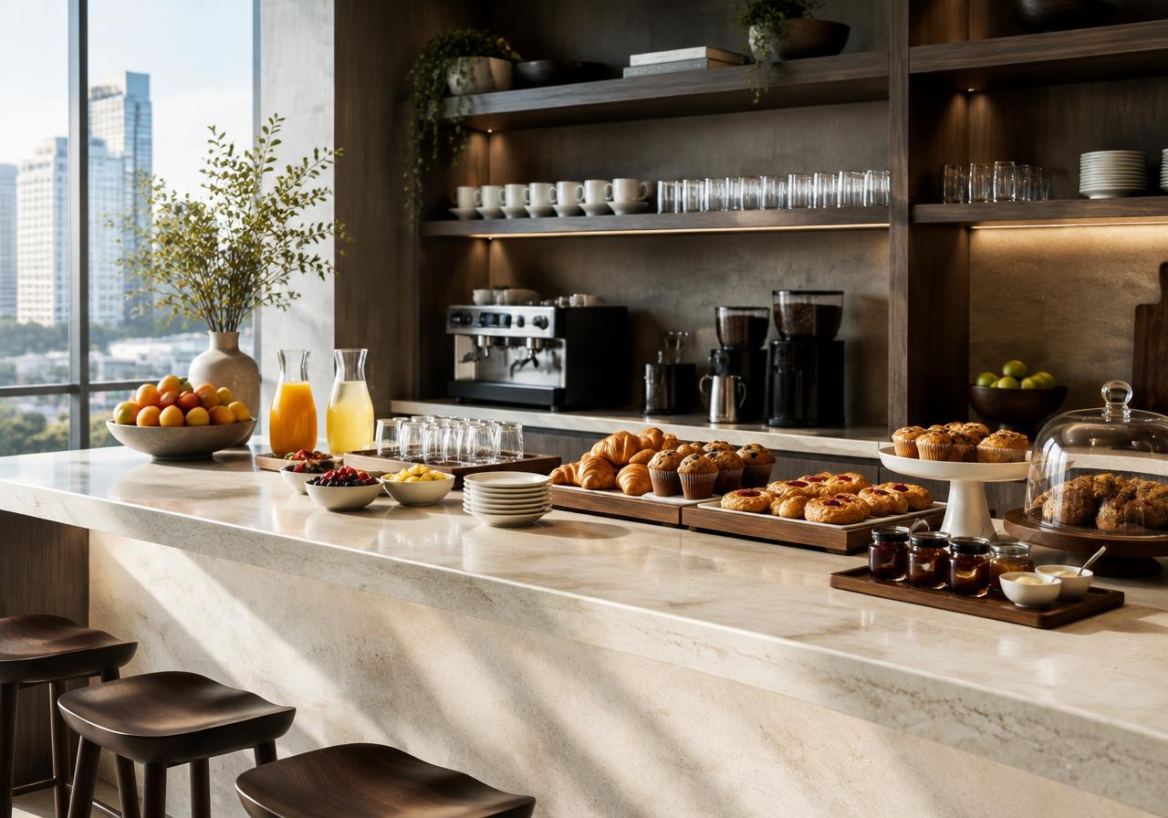 Breakfast bar in pietra chiara con caffè e prodotti da forno