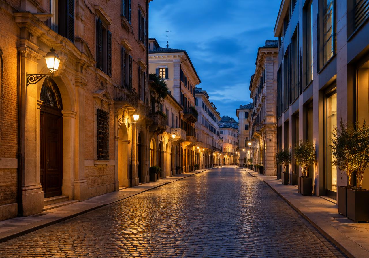 Strada lastricata di una città italiana al blue hour con lampioni accesi