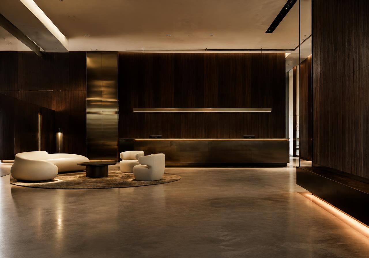 Lobby di design con pavimento in cemento, pareti in legno scuro e luce lineare calda