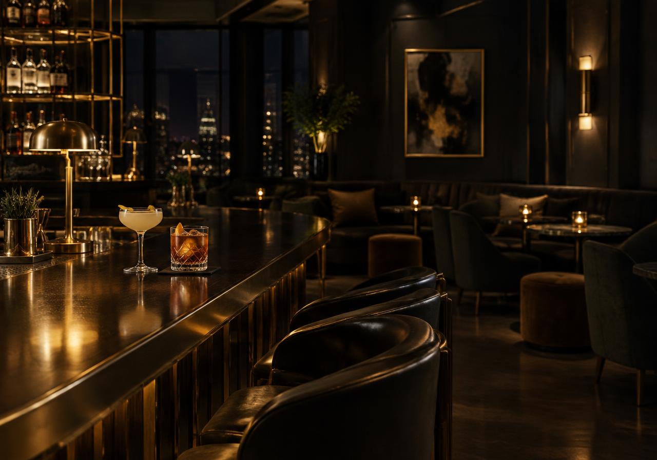 Cocktail lounge serale con bancone in legno scuro e luci calde