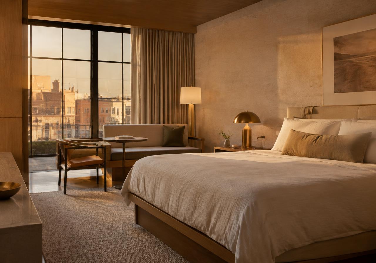 Deluxe Room con biancheria in lino, lampada in ottone e vetrata sulla città al tramonto
