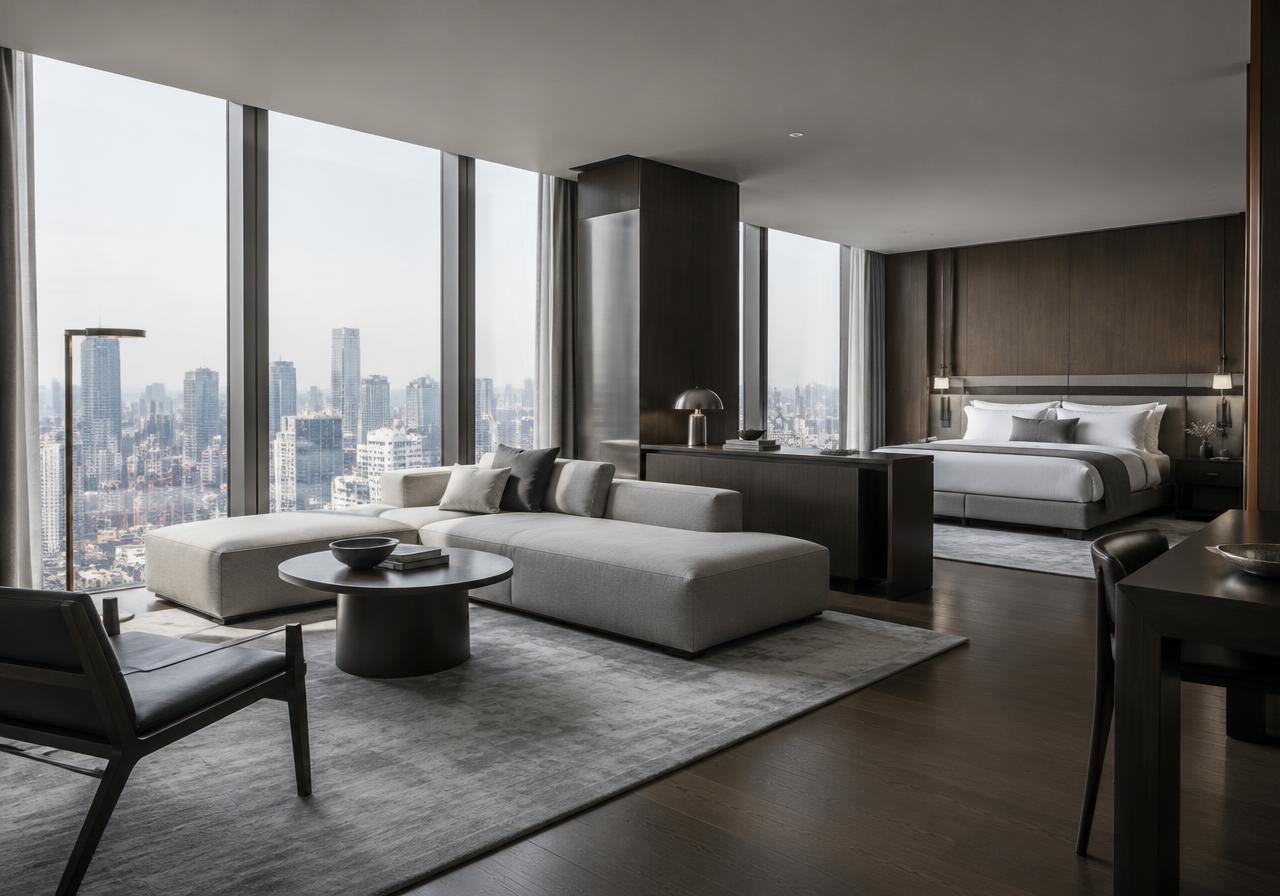 Junior Suite con living, divano grigio, setto in legno scuro e vetrate a tutta altezza sulla città
